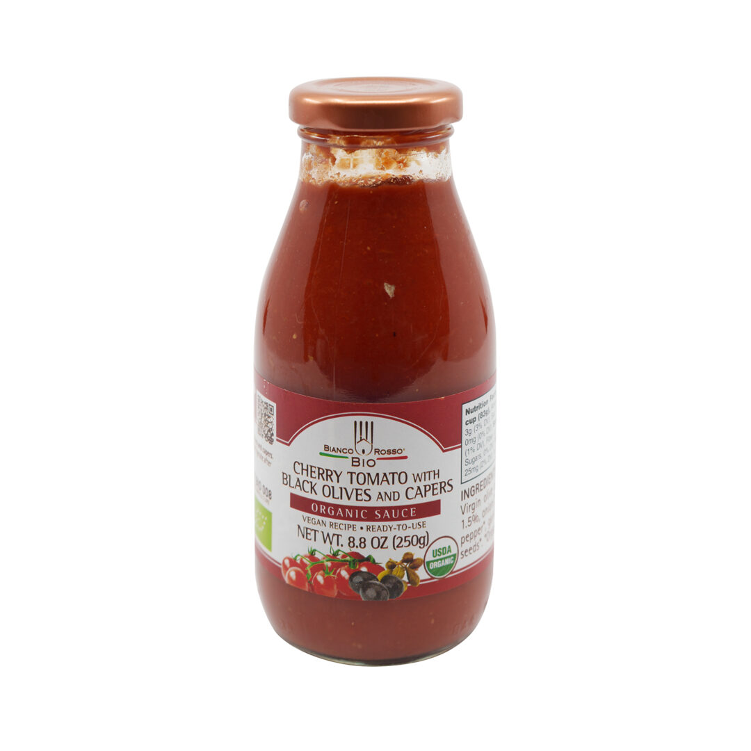 organic cherry tomato sauce with black olives and capers