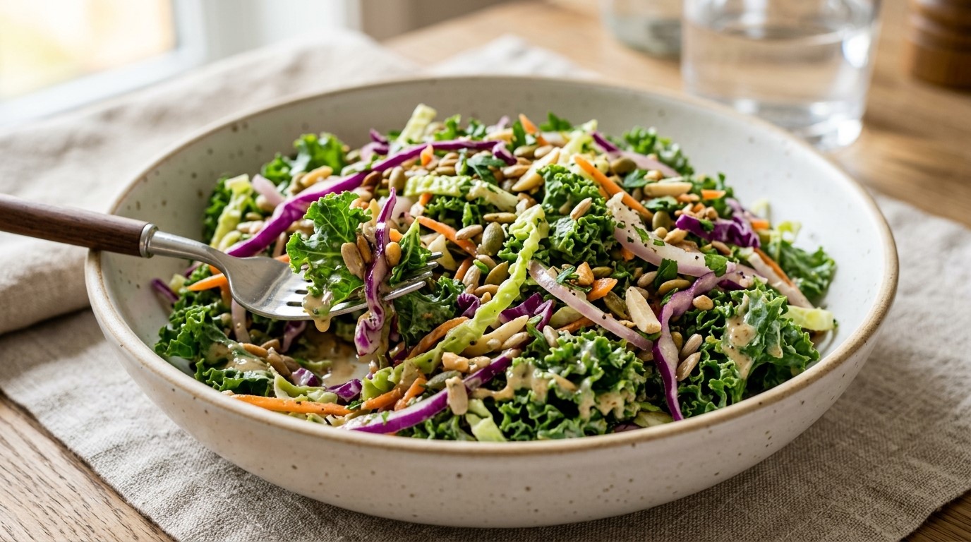 Crisp Kale and Cabbage Salad with Tangy Dressing