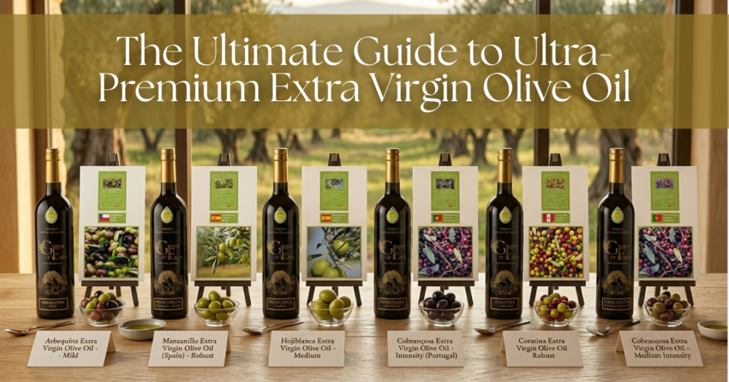 A selection of ultra-premium olive oil bottles with tasting bowls of green and black olives on a wooden table overlooking an olive grove.