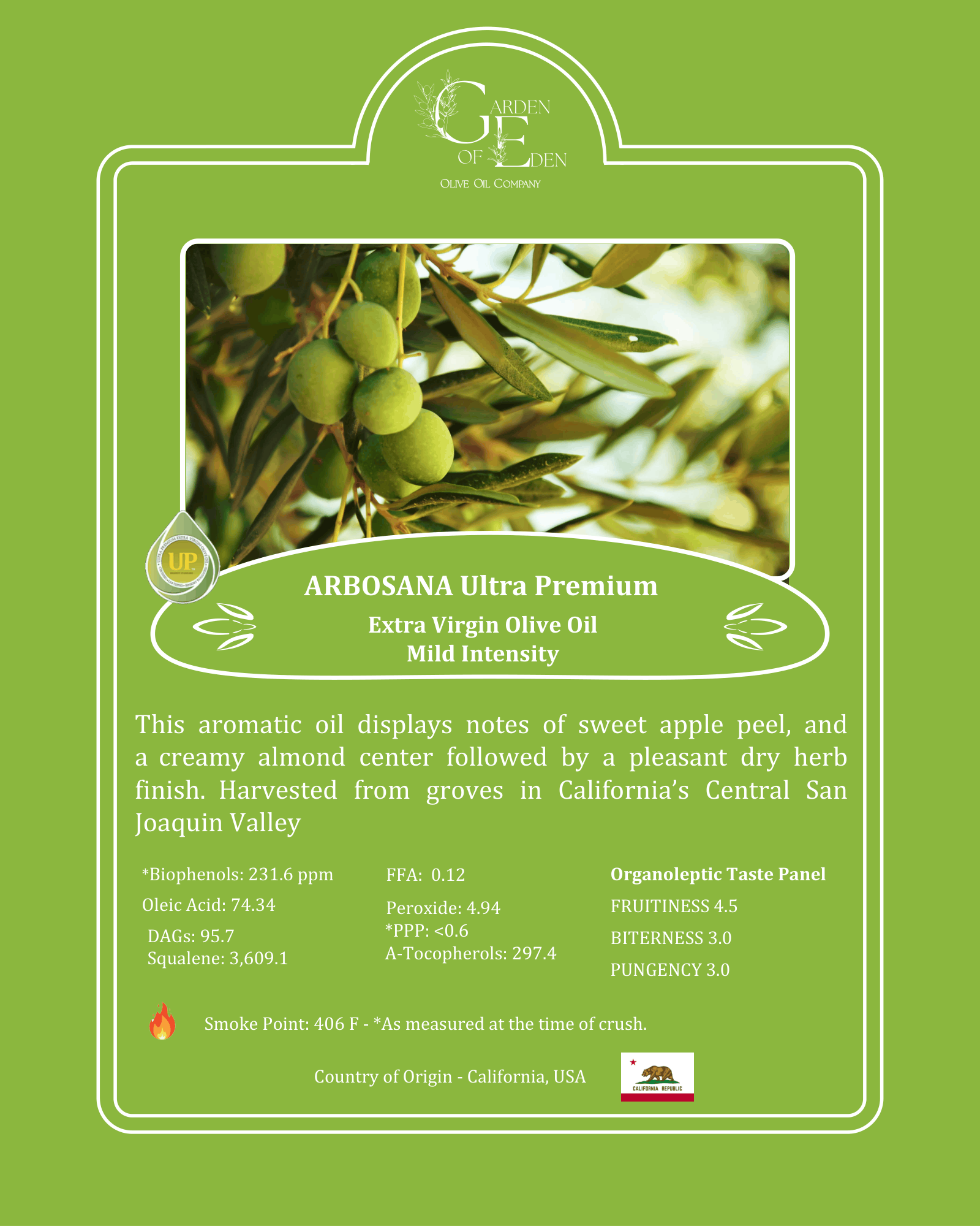 arbosana extra virgin olive oil (mild intensity) – california, usa