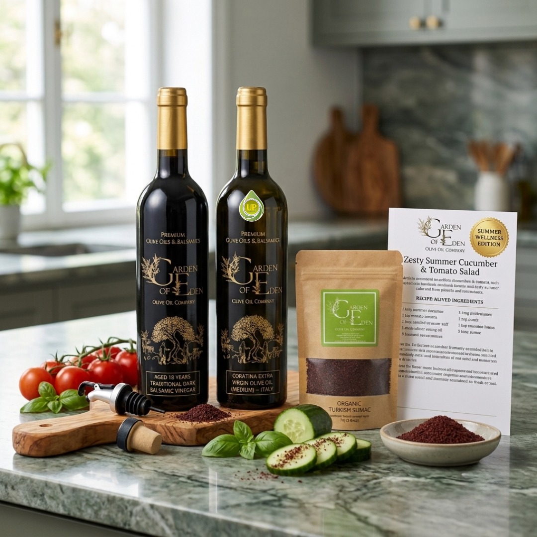 Boost your wellness routine with our antioxidant-packed Summer Wellness Set. Features Coratina EVOO, Traditional Balsamic, Turkish Sumac, and pour accessories.