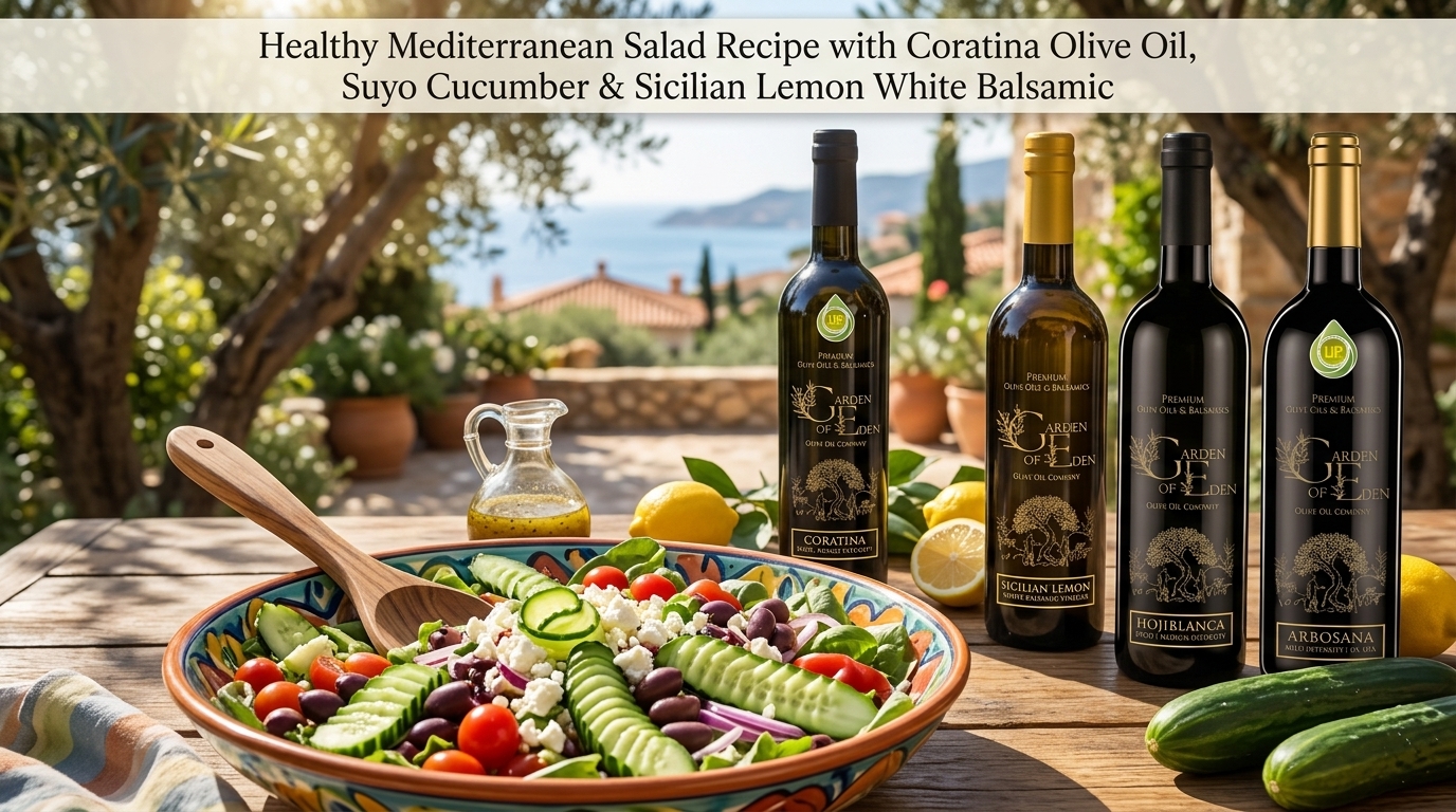 Healthy Mediterranean Salad Recipe with Coratina Olive Oil, Suyo Cucumber & Sicilian Lemon White Balsamic